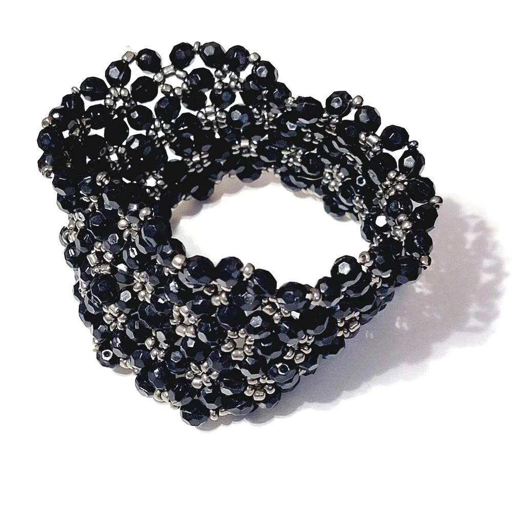Vintage‎ Beaded Black Bracelet Stretchy, Wide Boho Floral Design Lucite sbr-11
